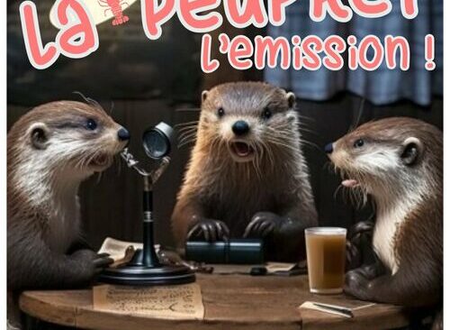 Image du Podcast LaPeuPret l'émission, avec trois loutres autour d'une table qui parlent dans un micro