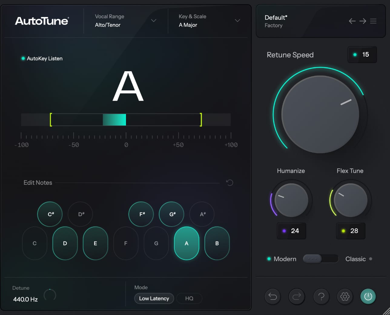 Interface logiciel Antares Auto Tune traitement de la voix studio enregistrement